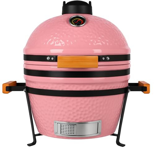 Barbecue Kamado Grill japonais en Céramique - Ø40 cm - Charbon de Bois - Thermomètre Intégré - Poignée en Bois - Couleur Rose Premium - Idéal Jardin, Terrasse, Camping