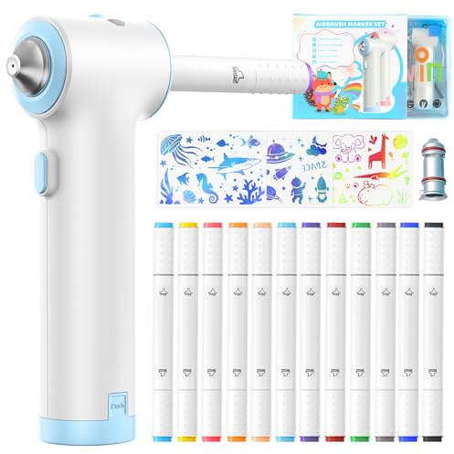 Forever Speed Airbrush Elektrischer Farbsprühstift Set 12 Textilmarker mit Doppelspitze, 3 Schablonen und 2 Sprühköpfe, leuchtende und satte Farben, nach Fixierung Waschmaschinenfest, Textilfarbe zum