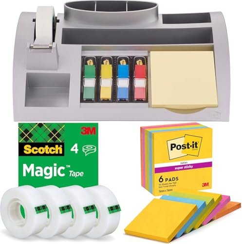 Post-it Tisch-Organizer Notes, Haftstreifen Index und Scotch Magic Klebeband + Scotch Magic Tape - 4 Rollen, 19 mm × 33 m Super Sticky Notes Carnival Collection