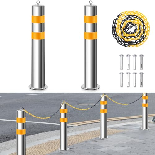 Yaocom 2 Pcs Stainless 31.5''x4.5 Safety Bollard Posts with 1 Barrier Chain, Yellow Reflective Strips Bollard Post with 8 Anchor Bolts for Parking, Warehouses, Garage, Driveway & Pedestrian Safety