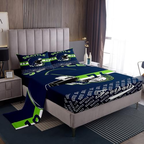 Feelyou Football Bed Sheets Set Twin Size Seattle Deep Pocket Fitted Sheet Football City Bedding Sets Sports Games Soft Bed Set 3Pcs with 1 Pillow Cases