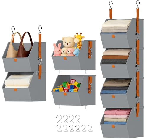 DIMJ Hanging Closet Organizer - 4 Tier Collapsible Hanging Shelves with Hooks Zipper, Fabric Clothes Organizer, Space-Saving Storage Bin Basket for RV, Bedroom, Laundry Organization