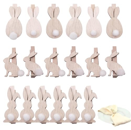 LZPLJLWS Tischdeko Ostern Holzklammern 18er Set Mini Hase Natur Holz bunt Dekoklammern für Osterdeko DIY Kartenfotos Party Frühling Basteln Geschenkdeko