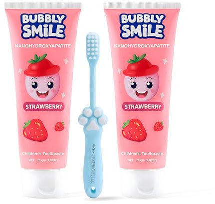Bubbly Smile Kids Toothpaste Set - 2 Pack Nano Hydroxyapatite Toothpaste (5.3 Oz Total) + 1 Bonus Soft Toothbrush | Fluoride-Free | Glycerin Free | Strawberry Flavor, Safe to Swallow
