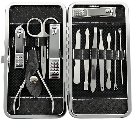 12PCS Set de Manicura y Pedicura de Acero Inoxidable, Set de Cuidado de Uñas para Manos y Pies, Kit Completo de Cortauñas para Manicura y Pedicura, Set Compacto de Viaje en Estuche para Mujeres