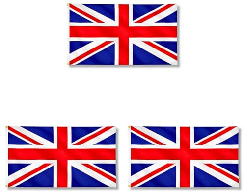 Union Jack UK Flag 5ft x 3ft with Brass Eyelets – Polyester Flag Banner for Street Parties, National Celebrations, Home & Garden Display (Pack of 3)