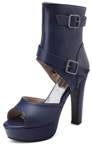 Generico Donna Doppia Fibbia Peep Toe Stivaletti Cutout Tacco Alto Grosso Plateau Stivaletti Cerniera Posteriore Sandali Serata Festa Prom,Blu,44 EU