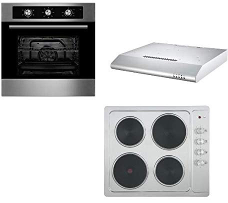 Cookology - Oven, Hob & Hood Package - 60cm Built-in Electric Fan Oven with Minute Minder, 4 Solid Hot Plate Hob in Stainless Steel & Visor Cooker Hood Pack in Stainless Steel - Easy to Clean