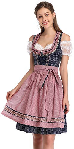 KOJOOIN Femme Robe Dirndl de Bavière Oktoberfest Set - Blouse et Tablier - Robe Dirndl 3 Pièces Bluse Manches Courtes Bavarois Vêtements Bleu Foncé 2 XXL