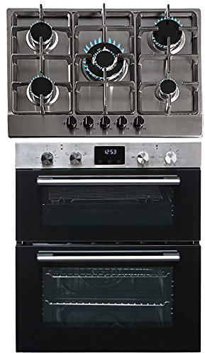 SIA 60cm DO111SS Stainless Steel Double Electric Fan Oven & 70cm SSG701SS 5 Burner Gas Hob With Cast Iron Pan Stands