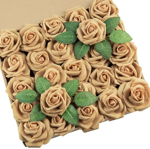 DuHouse 25 st konstgjorda rosor blommor falska rosor med stjälkar äkta touch skumblommor för gör-det-själv bröllopsbukett babyshower bordsuppsats blomsterarrangemang fest heminredning (ljusguld)