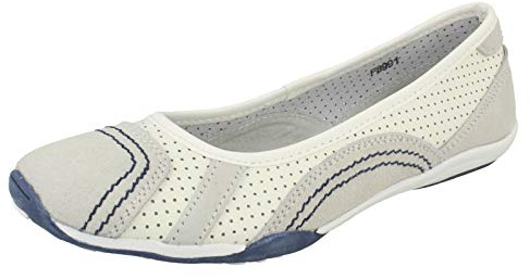 Ladies Down to Earth Flat Ballerina Shoes - White/Navy Leather - UK Size 7 - EU Size 40 - US Size 9