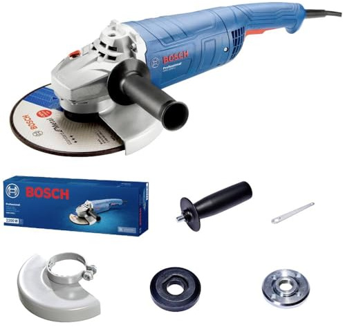 Bosch Professional Winkelschleifer GWS 2200 J (Scheiben-Ø 230mm, 2.200-W-Motor, inkl. Zweilochschlüssel, Schutzhaube, Aufnahmeflansch, Spannmutter, Zusatzhandgriff)