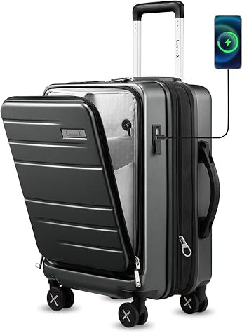 LUGGEX Koffer Trolleys Handgepäck mit Laptopfach – Erweiterbarer Hartschalenkoffer aus Polycarbonat mit TSA-Schloss (Schwarz, 55.4×36×24 cm)