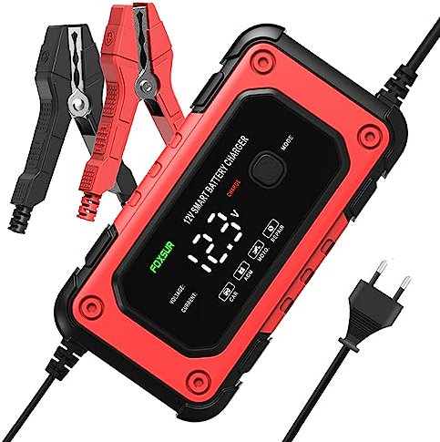 Caricabatterie Auto e Moto 12V 6A, Automatico Caricabatterie e Mantenitore Intelligente Carica Batteria Portatile con Schermo LCD per Auto Moto Camion e AGM Gel Batterie