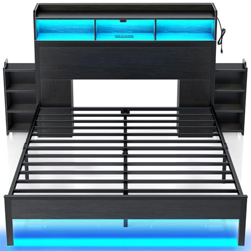 Rolanstar Bed Frame Queen Size with Bookcase Storage Headboard, Slide Out Bedside Storage, Bed with Charging Station & LED Lights, Heavy Duty Metal Slats, No Box Spring Needed, Noise Free, Black