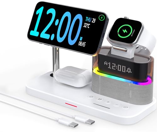 GLILAVOX 5 in 1 Wireless Charger with Alarm Clock for Apple, Magnetic Wirelss Charger Stand for iPhone 17/16/15/14/13/12,Charger for iWatch 11/10/9/8/Ultra 3/2/1,AirPods 4/3/2/Pro3/1(White)