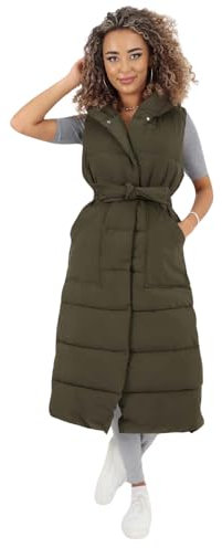 WearAll Elevate Your Style Women's Italian Belted Hooded Long Gilet Quilted Padded Warmth with Stylish Silhouette Perfect for City Strolls and Outdoor Adventures Khaki 10-18