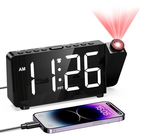LOFICOPER Projektionswecker, Digitaler Wecker mit 7,4 LED-Anzeige, Einstellbare Klarheit & Helligkeit, 3 Lautstärke, 12/24H, Snooze, DST, LED Projektionsuhr Schreibtischuhr für Schlafzimmer