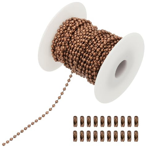 PATIKIL 10m/32.8ft Beaded Ball Chain, 2.4mm Stainless Steel Pull Chain Extension with 20 Pcs Connectors for Tag Chain, Keychain Rings, DIY Crafts, Copper