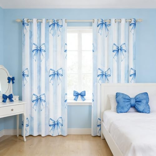Blue Bowknot Kids Blackout Curtains,Geometric Stripes Bow Tie Patchwork Dreamy Window Drapes for Girls Women,Butterfly Knot Princess Cute Chic Window Treatments Grommet Top 2 Panel Set,46Wx54L inch