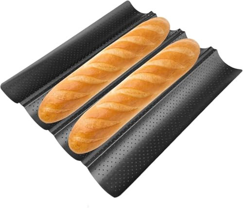 Molde para hornear baguettes, pan, 4 radios, sartén para baguette, acero al carbono, bandeja para baguette, porosa, adecuada para hornear pan francés y grasas francesas, 38 x 32 cm (negro)