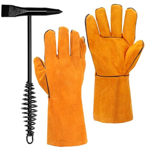 Swpeet 2Pcs 10 Welding Chipping Hammer and 11.2 Welding Gloves, Welding Slag Hammer with Coil Spring Handle, Slag Removal Tool for Cleaning Removing Slag Welding Residue