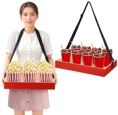 yeesport Wooden Snack Tray with Strap, Handheld Serving Tray with Adjustable Shoulder Strap, Movie Popcorn Beverage Carrier, Vintage Red Drinking Holder for Parties and Picnics