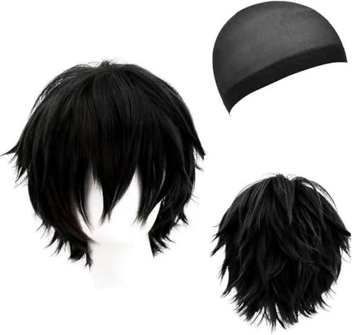 HTTDSLF Anime Parrucca Nero, Sintetico Cosplay Parrucca Lisci Corto Parrucche, Capelli per Halloween Festa