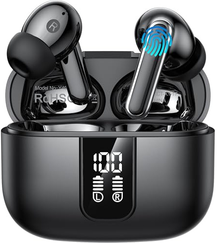 Wireless Earbuds, Bluetooth 5.3 Headphones in Ear buds, HiFi Stereo Wireless Earphones with 4 ENC Noise Cancelling Mics, 48H Wireless Headphones with IP17 Waterproof, LED Display USB C, Black-TB2