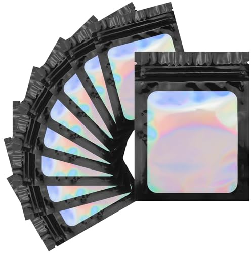 100 sacchetti in Mylar piccoli, 9 x 12 cm, colore nero, in pellicola olografica, con chiusura lampo, con finestra, per gioielli, regalo