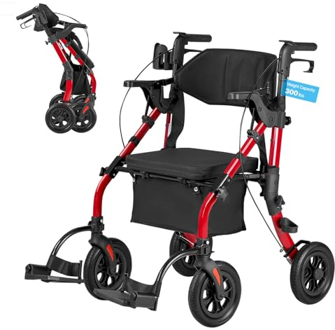 VEVOR 2-in-1 Rollator Walker & Transport Chair for Seniors, Foldable Rolling Walker Wheelchair, Lightweight Aluminum Mobility Walking Aid with Solid PU Wheels, Cup & Cane Holder - Supports 300LBS