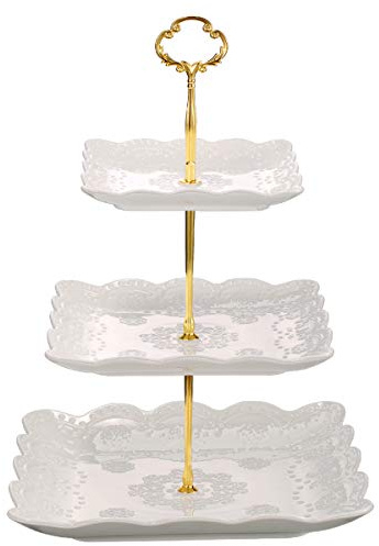 Sumerflos 3 Tier Porcelain Cupcake Stand, Tiered Serving Cake Stand, Square White Embossed Dessert Stand, Weddings Parties Pastry Serving Tray