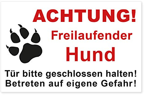 Aufkleber Achtung freilaufender Hund Hinweis Eingang Tür Schild Haus Garten Dog Sticker Wetterfest und UV-Beständig