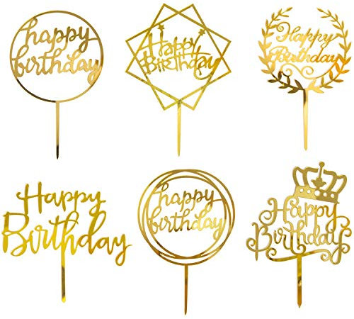 DERAYEE 6 Pack Happy Birthday Cake Topper Kit Acrylic Cake Toppers Gold Cake Decoration for Boys Girls Kids Birthday