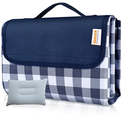 Outdoor Picnic Blankets Waterproof Foldable Sandproof, Large Gingham Cute Picnic Mat Washable Portable for Park Beach Camping Courtyard (Navy Blue, 60×80)