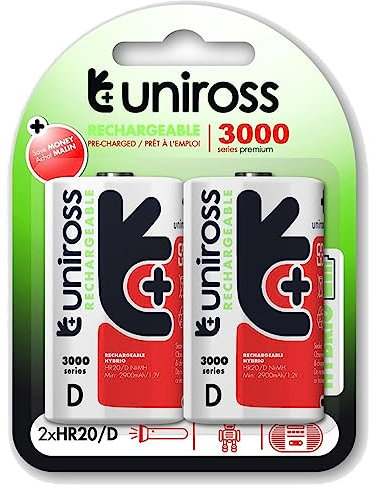 Uniross Pack de 2 Piles Rechargeables D/HR20 3000 NIMH HYBRIO, 1.2V