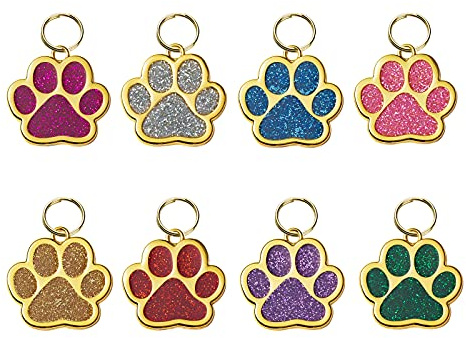 HACRAHO Médaille d'identité pour animaux, 8 médailles d'identité à paillettes personnalisées avec 8 porte-clés pour chats, chiens, chiots, en forme de patte