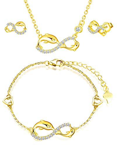 INFINIONLY Ensemble de bijoux, collier bracelet et boucles d'oreilles en argent 925, collier bracelet boucle d'oreille femme fille, pendentif de symbole infini et dauphin mignon, zircon incrusté