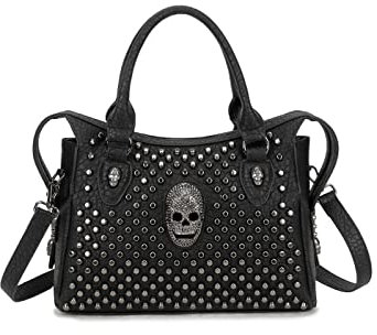 YAQUNICER Damen Totenkopf Nieten Hobo Handtasche Schultertaschen Tragetasche mit Tragegriff oben-Schwarz 2
