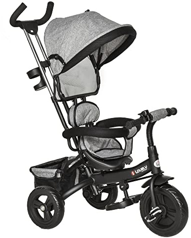 HOMCOM 4 in 1 Tricycle for Kids Toddler Trike with Parent Handle Push Along Pedal Trike Removable Canopy Safety Belt Storage Footrest for 18 Months to 5 Years Grey