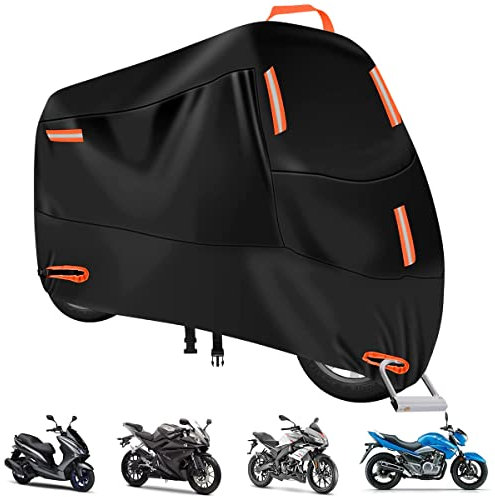 Motorradabdeckung Outdoor Motorrad Abdeckplane Wasserdicht 210D XXL Motorradgarage Winddicht mit Reflektionsstreifen Schlosslöcher Gürtelschnalle Motorrad Schutzhülle Abdeckung 245x105x125cm Schwarz