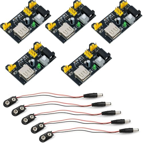 WWZMDiB 5 Pcs Power Supply Module Compatible with 400 Point and 830 Point Solderless Breadboard Input 6.5~12V Output 3.3V 5V (with 5 Pcs 9V Connector)