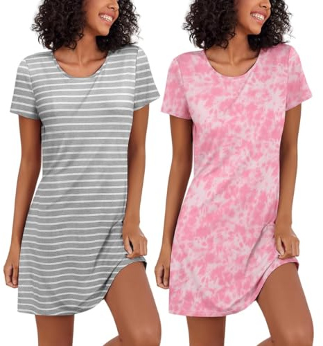 Ekouaer Nightgowns for Women 2 Pack Night Shirts Short Sleeve Sleapwear Soft Sleep Dress Solid/Printed NightDress, S-XXL