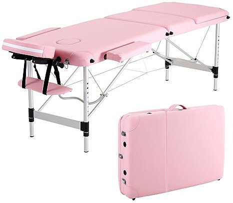 Panana Mobile Massageliege Klappbar 3 Zone, Höhenverstellbare Massagebank Aluminium mit Kopfstütze & Armlehnen und Tragtasche, Massagetisch für Kosmetik, Spa, Salon, Tattoo (Hellrosa)