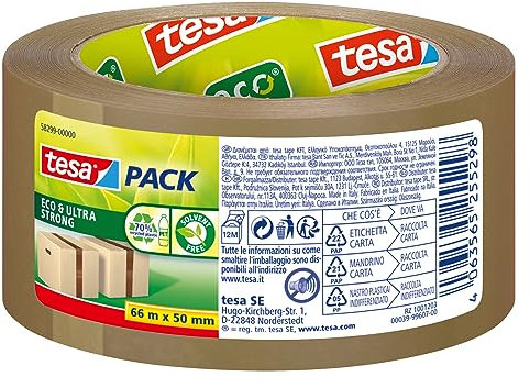 tesapack Eco et Ultra Strong Ruban Adhésif Pour Paquets - Ruban Adhésif Fabriqué à Partir de Matériaux Réutilisés - Fermeture Sûre des Paquets Pesant Jusqu'à 30 kg - 1 Rouleau de 50 m x 50 mm