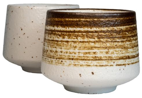 shizuro Tassen Set japanisch - 2 Stück a 190 ml - hochwertige Keramiktasse für Kaffee, Cappuccino und Tee - nachhaltige asiatische vintage Teetasse - Retro modernes Design (Braun Weiß)