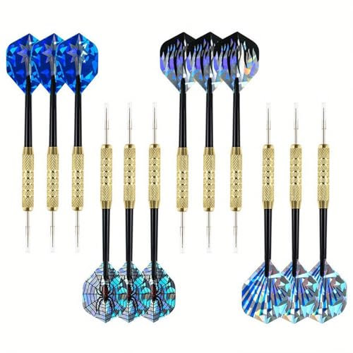 FYting Dartpfeile Metallspitze,12 Stück Dartpfeile Steeldart,18g Darts Flights mit Metallspitze + Metallschaft, Laser DartflüGel,Geschenke für Dartspieler,Halloween Weihnachten(18g, Blau)