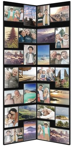 Qunclay Floor Standing Collage Photo Frame Decorative 32 Openings 3.6 x 5 Inch Hinged Folding Partition Screen Style Picture Frame Black Felt Multiple Collage Photo Display Board for Wall Corner