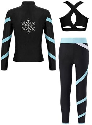 iiniim Barn flickor träningsoverall sportdräkt konståkning jacka + sport bh toppar + byxor leggings sport set konståkning kostym danskläder, Svart och ljusblå, 170-176